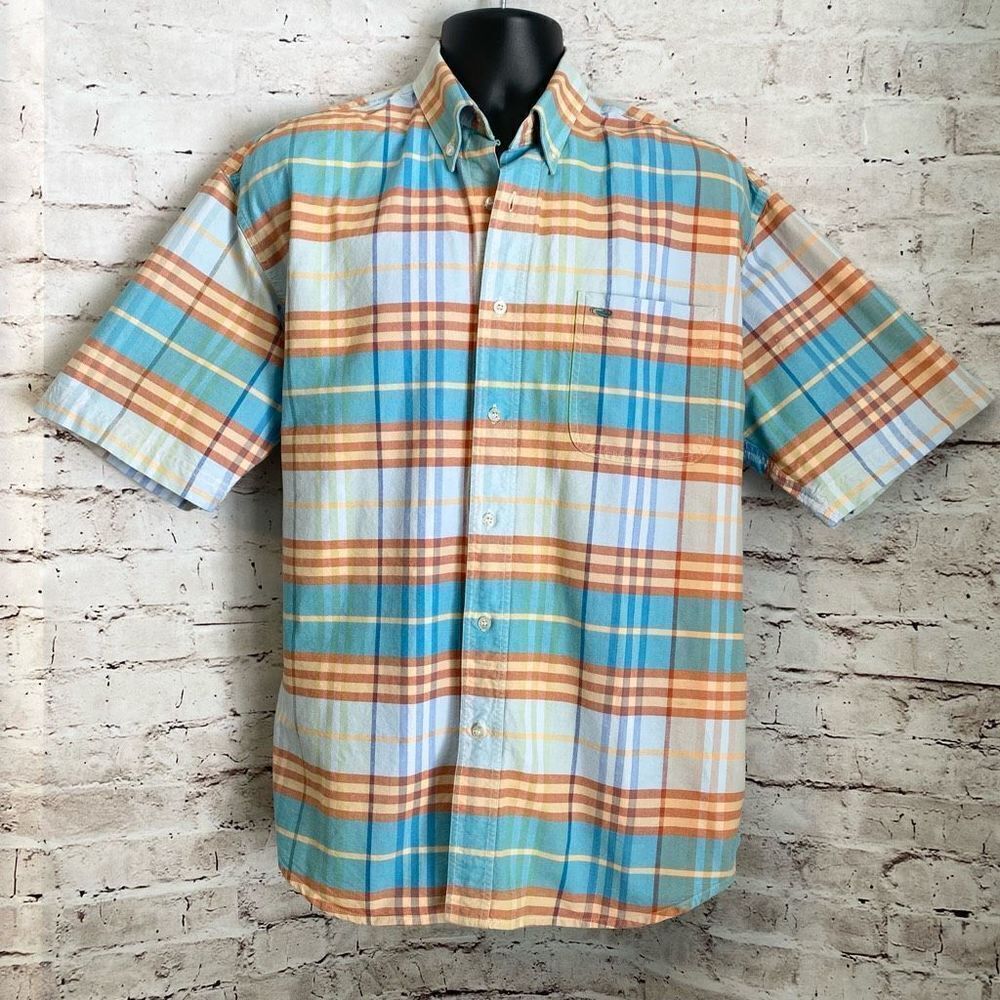 Roper Blue Orange Plaid Short Sleeve Button Down Shirt Collared Men’s Size Large